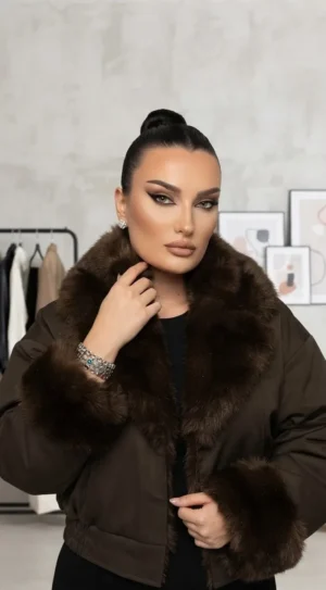 Μπουφάν Bomber Jacket με Πλούσια Οικολογική Γούνα στον Γιακά & τις Μανσέτες