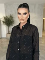 Μαύρο Ημιδιάφανο Πουκάμισο Πουά με Στρας & Λευκά Κουμπιά