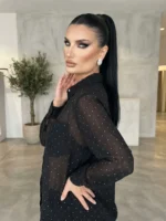 Μαύρο Ημιδιάφανο Πουκάμισο Πουά με Στρας & Λευκά Κουμπιά