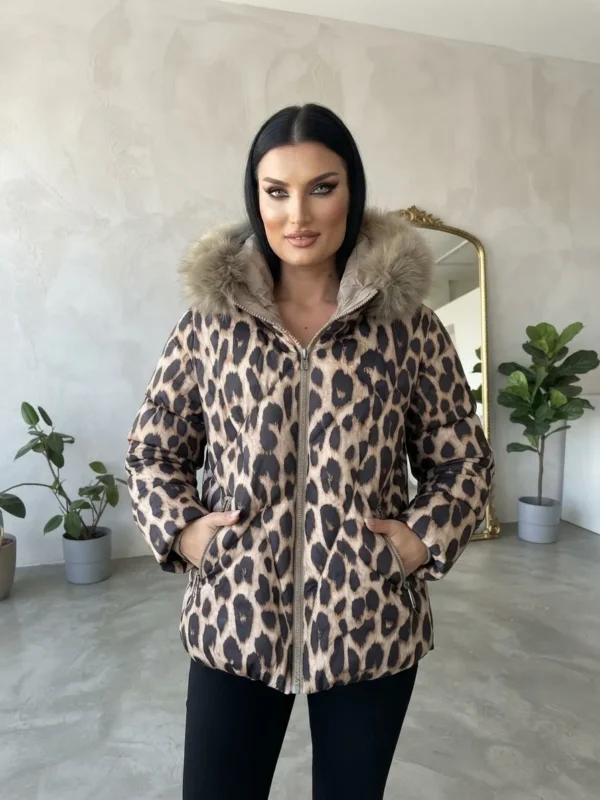 Γυναικείο Μπουφάν Puffer 2 Όψεων με Animal Print & Γούνινη Κουκούλα