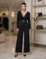 Κομψή Sequin Jumpsuit με Ζώνη και Παγιέτες