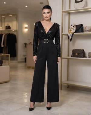 Κομψή Sequin Jumpsuit με Ζώνη και Παγιέτες