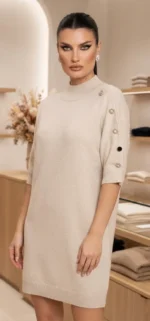 Πλεκτό Φόρεμα Beige με Ιδιαίτερα Διακοσμητικά Κουμπιά στα Μανίκια