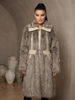 Μακριά Exclusive Οικολογική Γούνα Coat με Λεπτομέρειες Δερματίνι & Κορδόνια
