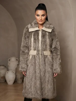 Μακριά Exclusive Οικολογική Γούνα Coat με Λεπτομέρειες Δερματίνι & Κορδόνια