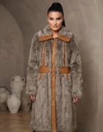 Μακριά Exclusive Οικολογική Γούνα Coat με Λεπτομέρειες Δερματίνι & Κορδόνια