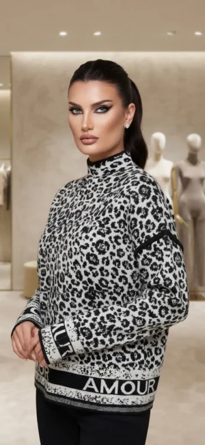 Πλεκτή Μπλούζα Animal Print AMOUR - κοντό Ζιβάγκο
