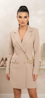 Φόρεμα Blazer με Χρυσά Κουμπιά & Διακοσμητική Αλυσίδα Beige