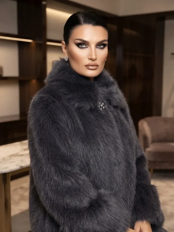 Κομψό Πολυτελές Γκρι Faux Fur Παλτό