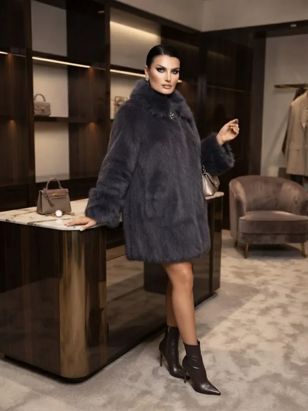 Κομψό Πολυτελές Γκρι Faux Fur Παλτό