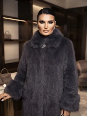 Κομψό Πολυτελές Γκρι Faux Fur Παλτό