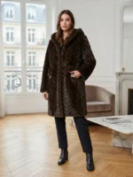 Οικολογική Γούνα Brown Chevron Faux Fur Coat με Κουκούλα σε Καφέ Απόχρωση