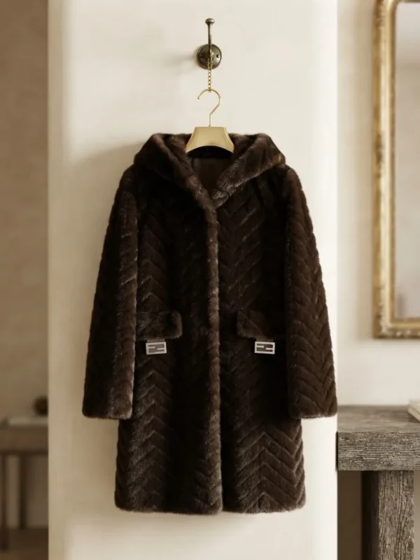 Οικολογική Γούνα Brown Chevron Faux Fur Coat με Κουκούλα σε Καφέ Απόχρωση