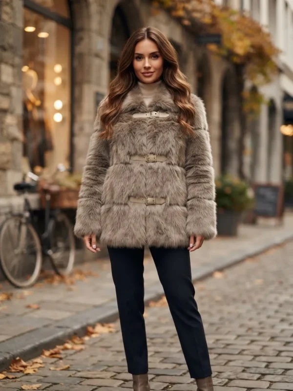 Κοντό Γούνινο Παλτό Luxury Buckled Faux Fur Coat με Δερμάτινα Λουράκια & Αγκράφες