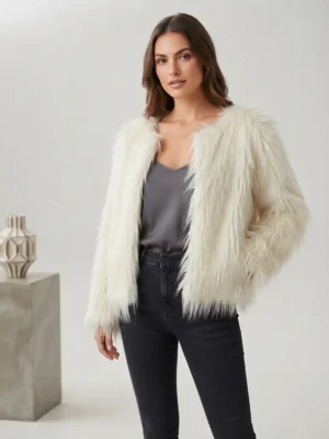 Γουνάκι Faux Fur, Fluffy Χωρίς Γιακά σε Off-White Απόχρωση 1