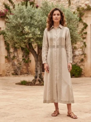 Σεμιζιέ Olive Φόρεμα με Κεντητές Λεπτομέρειες & Δαντελένια Κοψίματα