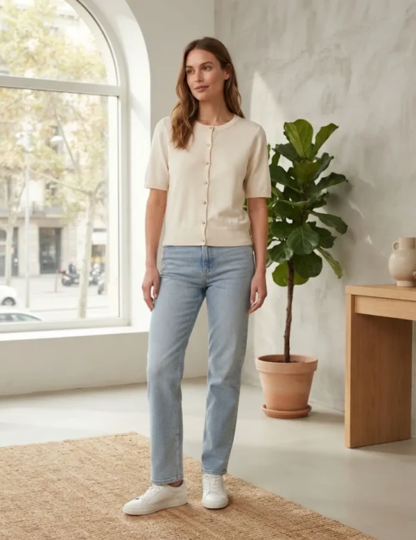 Mίνιμαλ Πλεκτή Ζακέτα Beige με Χρυσά Μεταλλικά Κουμπιά