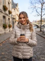 Γυναικείο Ελαφρύ Καπιτονέ Μπουφάν με Αποσπώμενη Κουκούλα σε Μεταλλικό Σαμπανιζέ Χρώμα και χρυσά κουμπιά 