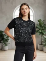 Μαύρο Πλεκτό Crop Top με Παγιέτες & Αποσπώμενη Καρφίτσα “LOVE”