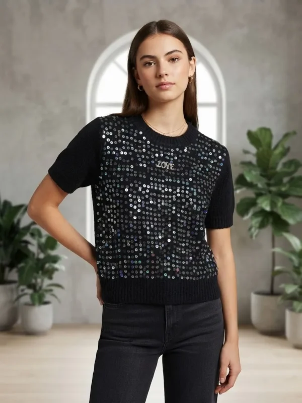 Μαύρο Πλεκτό Crop Top με Παγιέτες & Αποσπώμενη Καρφίτσα “LOVE”