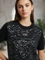Μαύρο Πλεκτό Crop Top με Παγιέτες & Αποσπώμενη Καρφίτσα “LOVE”