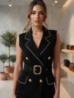 Σετ 2 Τεμαχίων Chic με Αμάνικο Γιλέκο & Pencil Φούστα και Λεπτομέρειες από Χρυσές Αλυσίδες & Ζώνη