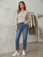 Γυναικεία Μπλούζα Πλεκτή σε Beige Απόχρωση με Διακοσμητικά Μανικετόκουμπα και ιδιαίτερη Γραμμή