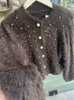 Ζακετάκι Fluffy με Πέρλες & Strass σε Chocolat Απόχρωση