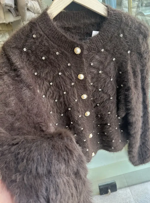 Ζακετάκι Fluffy με Πέρλες & Strass σε Chocolat Απόχρωση