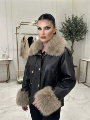 Γυναικείο Δερματίνη Jacket με Αποσπώμενο Γούνινο Γιακά & Μανσέτες
