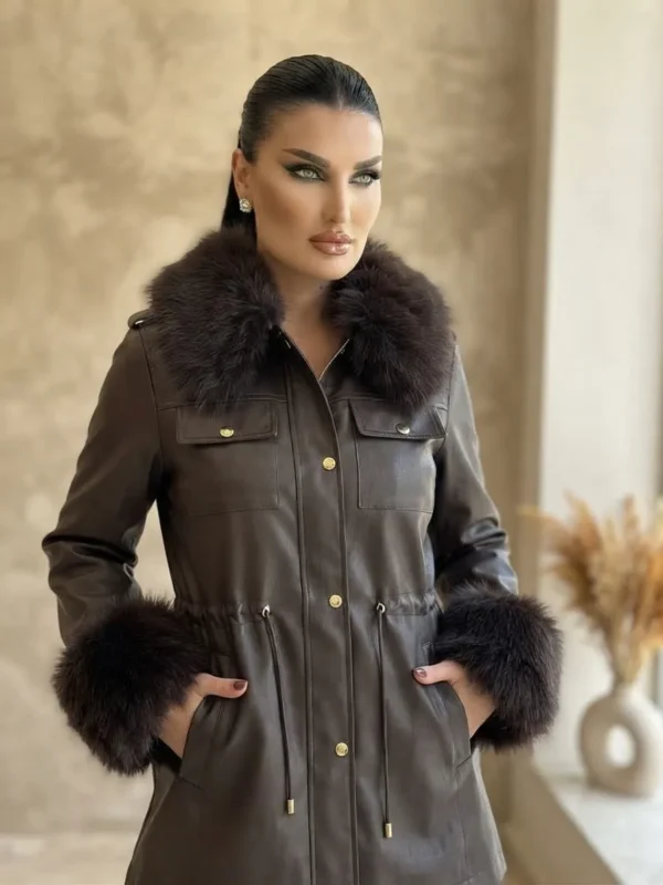 Γυναικείο Faux Δερμάτινο Μπουφάν Parka με Αποσπώμενη Γούνινη Επένδυση σε Σκούρο Καφέ