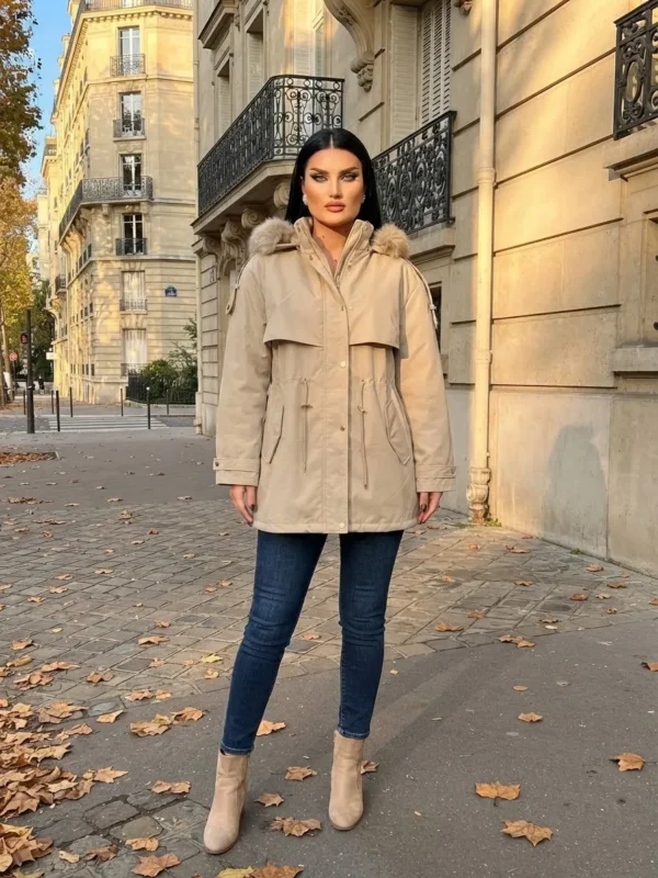 Γυναικείο Παρκά Beige Μπουφάν με Κουκούλα από Αποσπώμενη Συνθετική Γούνα