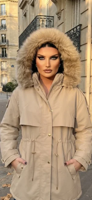 Γυναικείο Παρκά Beige Μπουφάν με Κουκούλα από Αποσπώμενη Συνθετική Γούνα