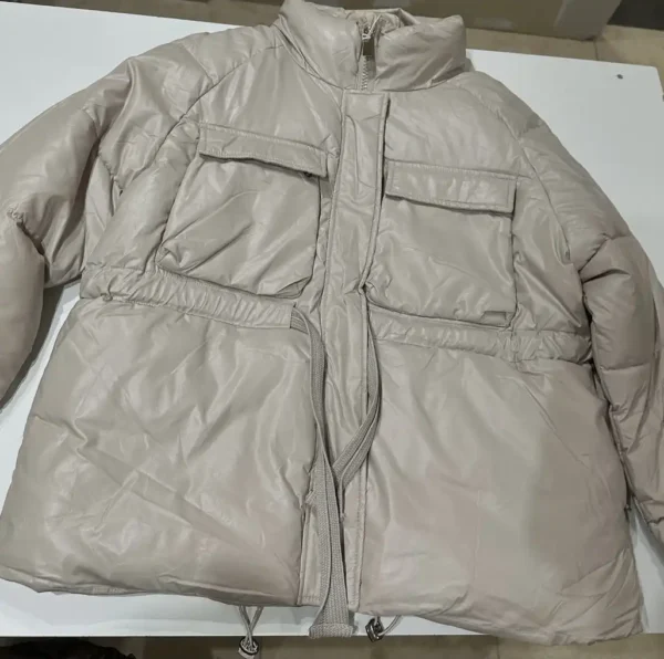 Μπεζ Κοντό Puffer Μπουφάν με Τσέπες