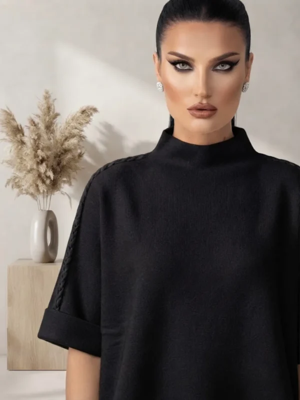 Μπλούζα Oversized με Όρθιο Γιακά & Πλεκτές Λεπτομέρειες