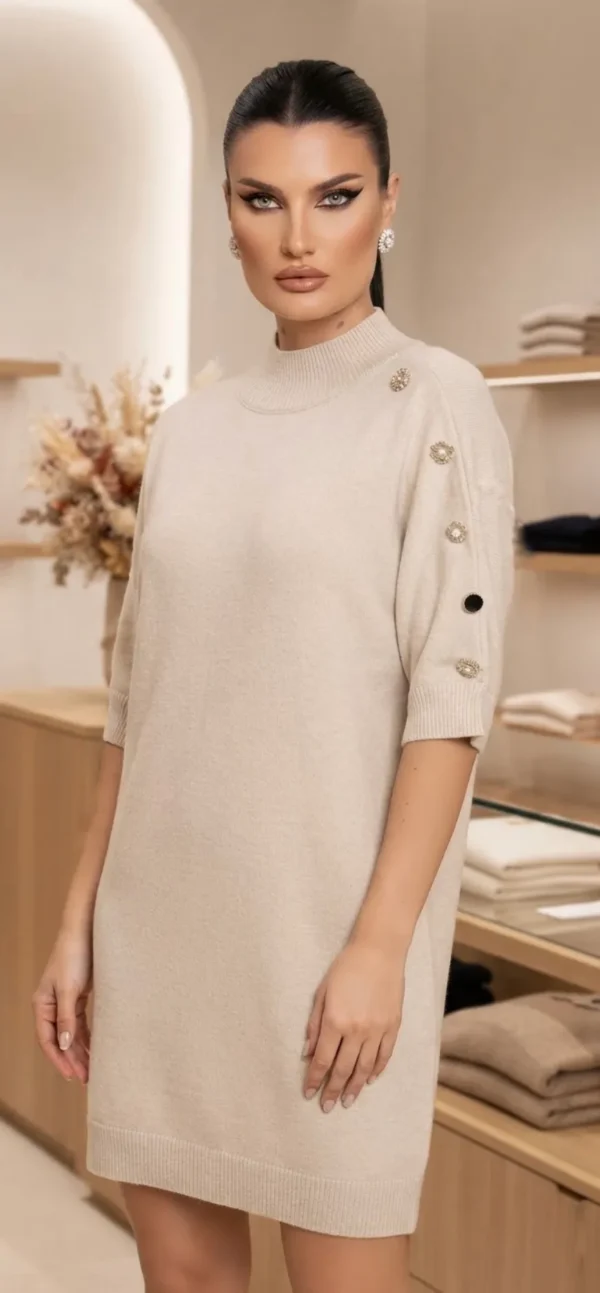 Πλεκτό Φόρεμα Beige με Ιδιαίτερα Διακοσμητικά Κουμπιά στα Μανίκια