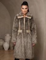 Μακριά Exclusive Οικολογική Γούνα Coat με Λεπτομέρειες Δερματίνι & Κορδόνια