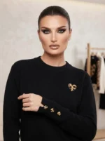 Γυναικεία Μαύρη Πλεκτή Μπλούζα με Βελουτέ Λεπτομέρεια Καρδιάς & Βελουτέ Διακοσμητικά Κουμπιά