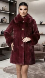 Γούνα Burgundy Faux Fur Coat με ιδιαίτερα χρυσά κουμπιά