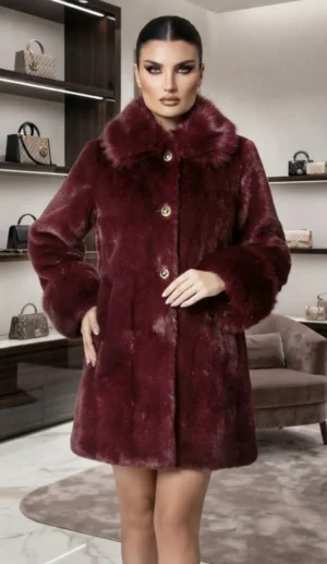 Γούνα Burgundy Faux Fur Coat με ιδιαίτερα χρυσά κουμπιά