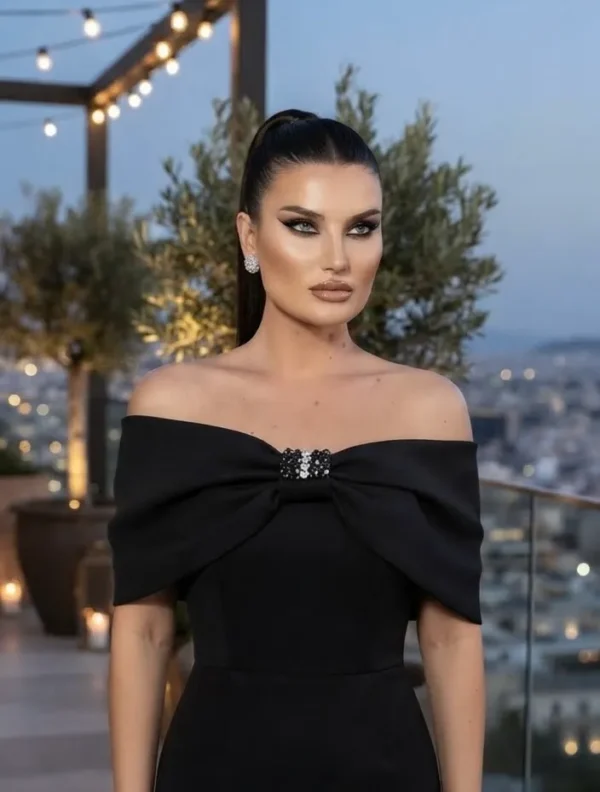Φόρεμα Mini Off-Shoulder με Μεγάλο Φιόγκο & Κεντημένη Αγκράφα με Στρας