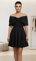 Φόρεμα Mini Off-Shoulder με Μεγάλο Φιόγκο & Κεντημένη Αγκράφα με Στρας