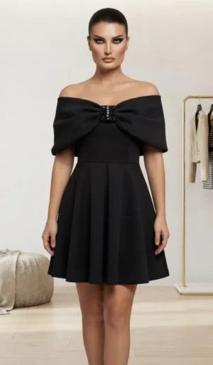 Φόρεμα Mini Off-Shoulder με Μεγάλο Φιόγκο & Κεντημένη Αγκράφα με Στρας