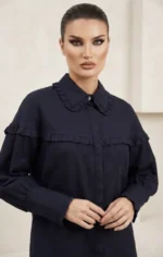 Γυναικείο Μακρύ Πουκάμισο με Βολάν σε Navy Blue Απόχρωση