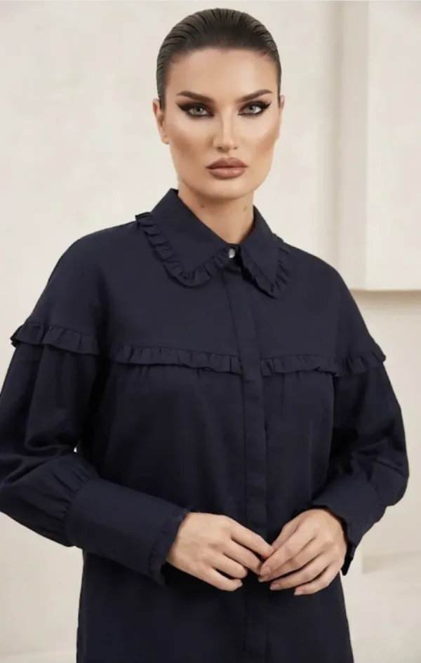 Γυναικείο Μακρύ Πουκάμισο με Βολάν σε Navy Blue Απόχρωση