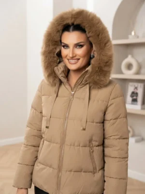 Γυναικείο Puffer Μπουφάν με Κουκούλα και Αποσπώμενη Επένδυση Γούνας