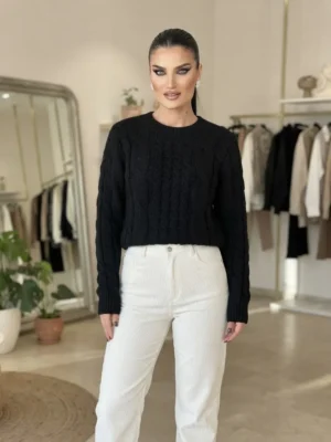 Πλεκτή Μπλούζα Μαύρη με Cable Knit Σχέδιο