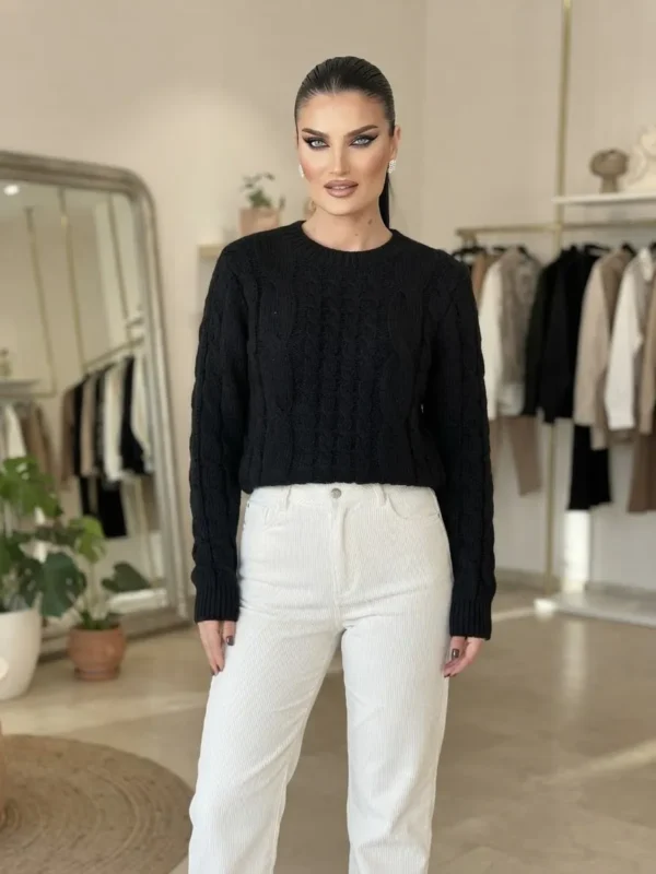 Πλεκτή Μπλούζα Μαύρη με Cable Knit Σχέδιο