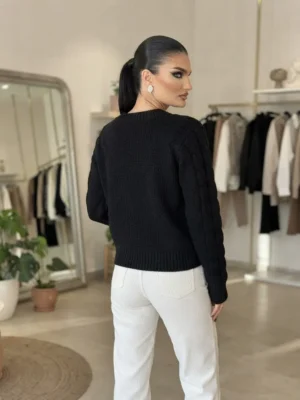 Πλεκτή Μπλούζα Μαύρη με Cable Knit Σχέδιο 1