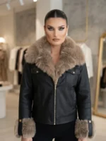 Μαύρο Δερμάτινο Look Jacket με Γούνινη Επένδυση & Αποσπώμενο Γούνινο Μπεζ Γιακά